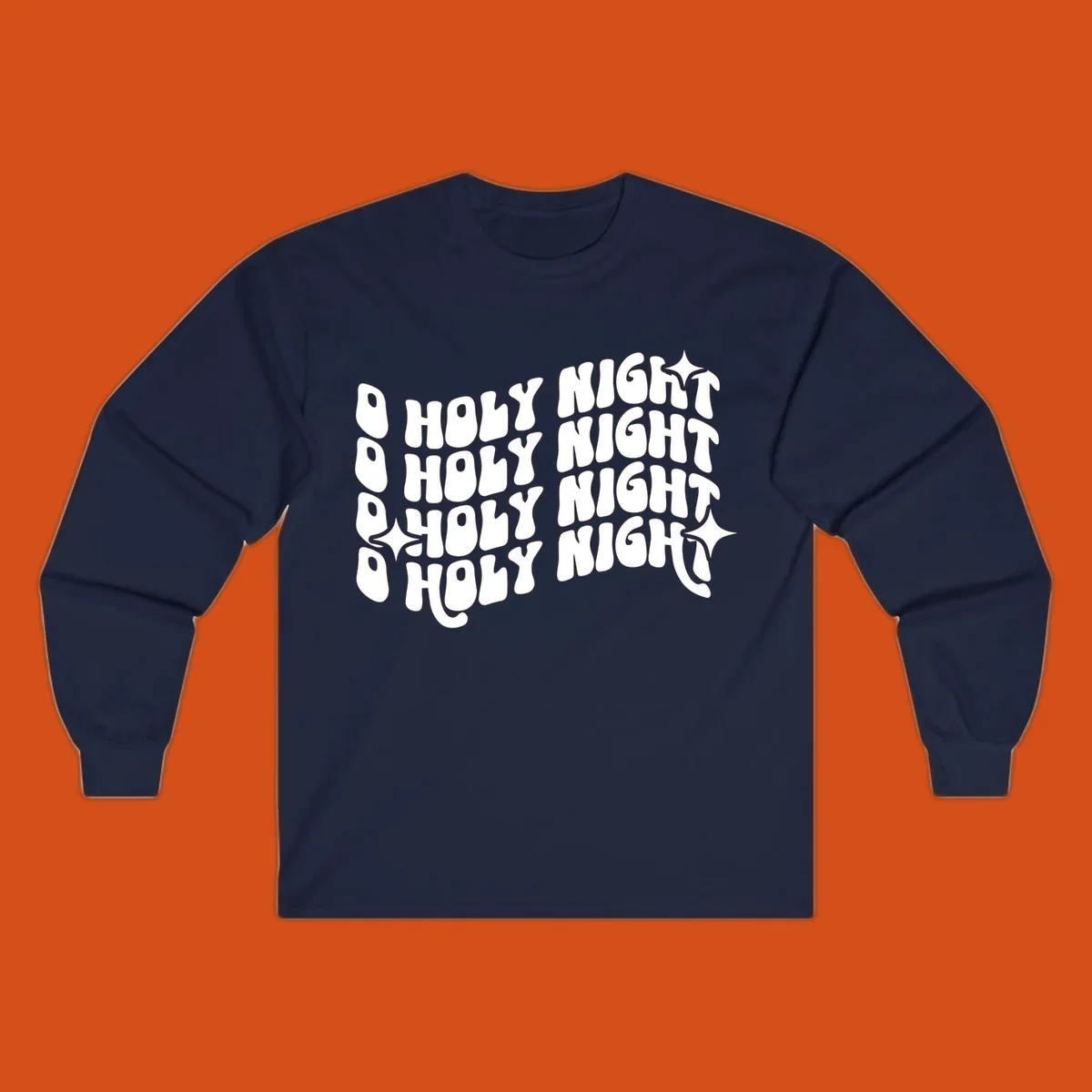 O Holy Night retro wavy text and starbursts graphic.