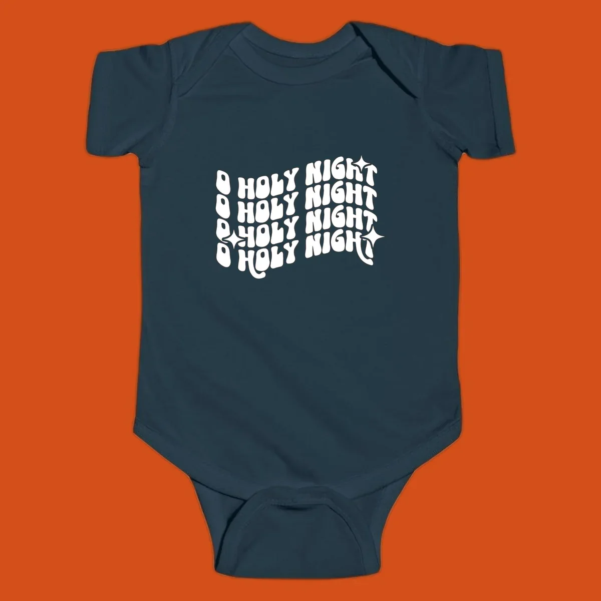 O Holy Night retro wavy text and starbursts graphic.