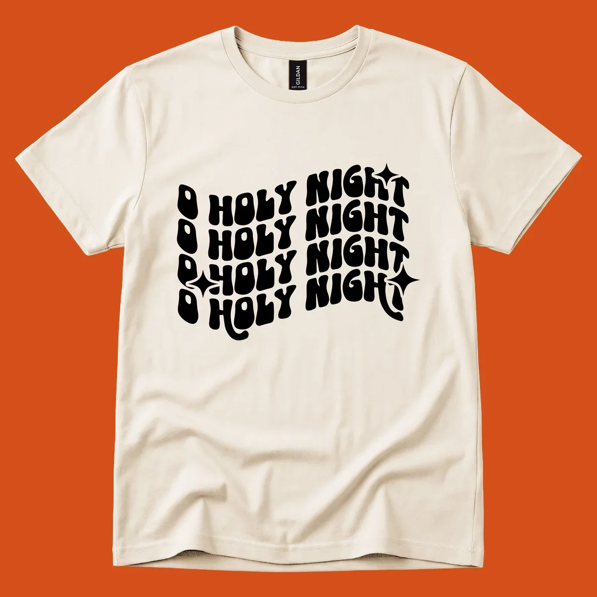 O Holy Night retro wavy text and starbursts graphic.