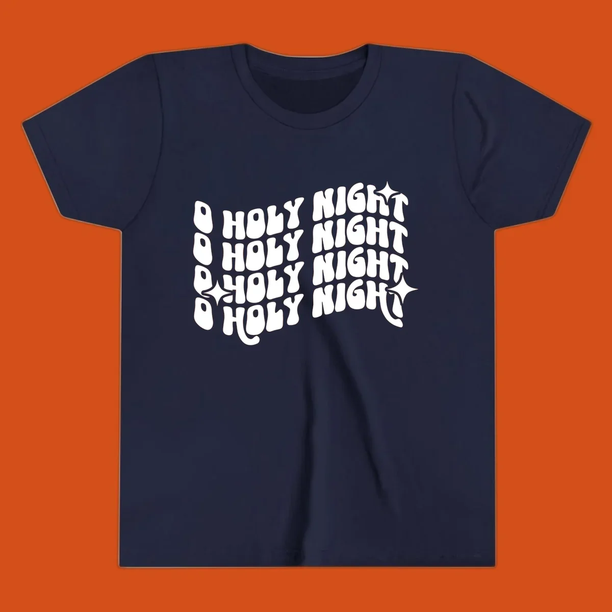 O Holy Night retro wavy text and starbursts graphic.