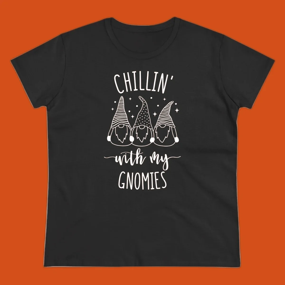 Chillin with my gnomies holiday design featuring three gnomes and text.