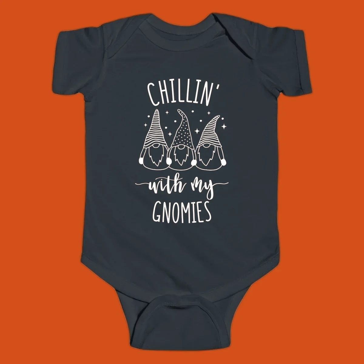 Chillin with my gnomies holiday design featuring three gnomes and text.