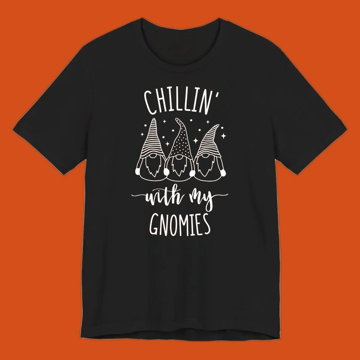Chillin with my gnomies holiday design featuring three gnomes and text.