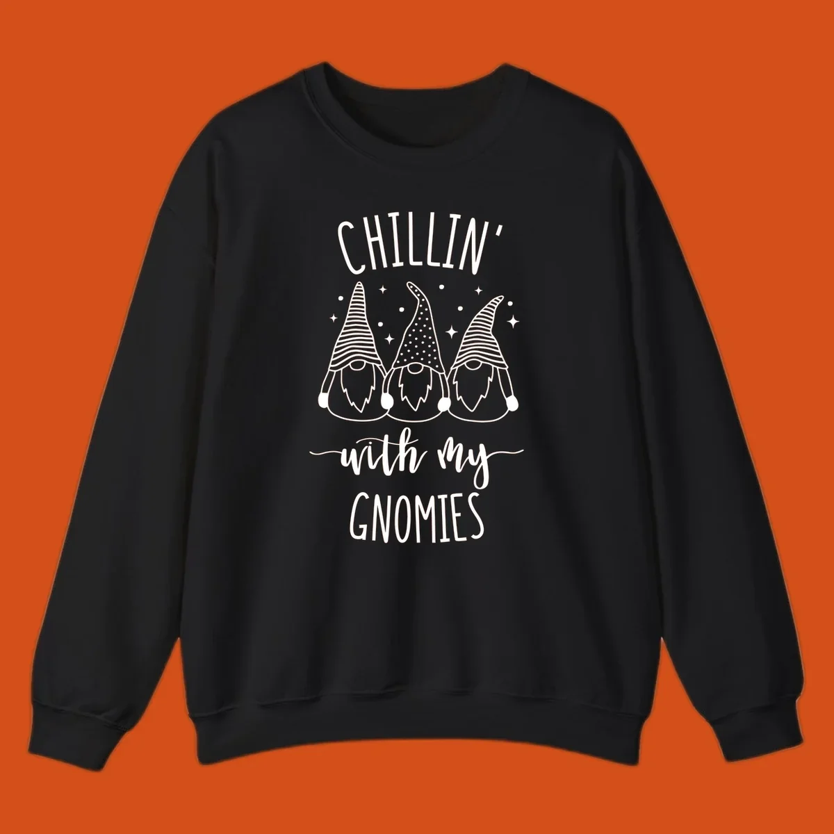 Chillin with my gnomies holiday design featuring three gnomes and text.