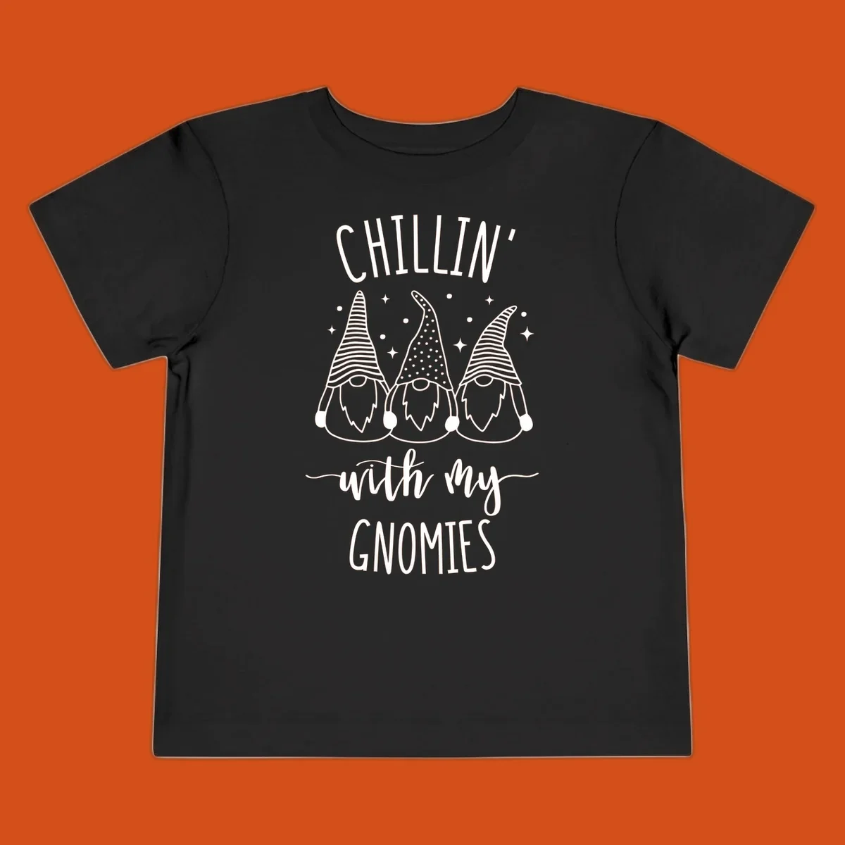 Chillin with my gnomies holiday design featuring three gnomes and text.