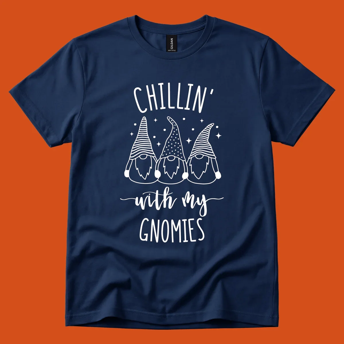 Chillin with my gnomies holiday design featuring three gnomes and text.