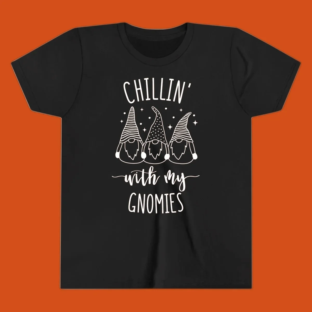Chillin with my gnomies holiday design featuring three gnomes and text.