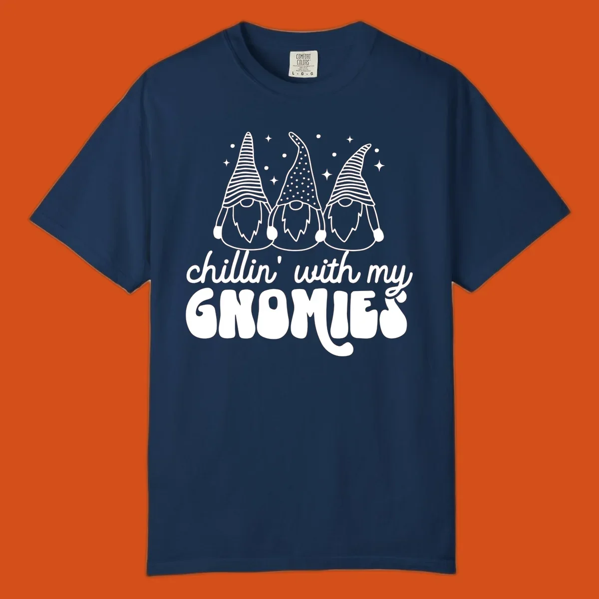 Chillin with my gnomies illustration featuring three gnomes and text. holiday gnome phrase.