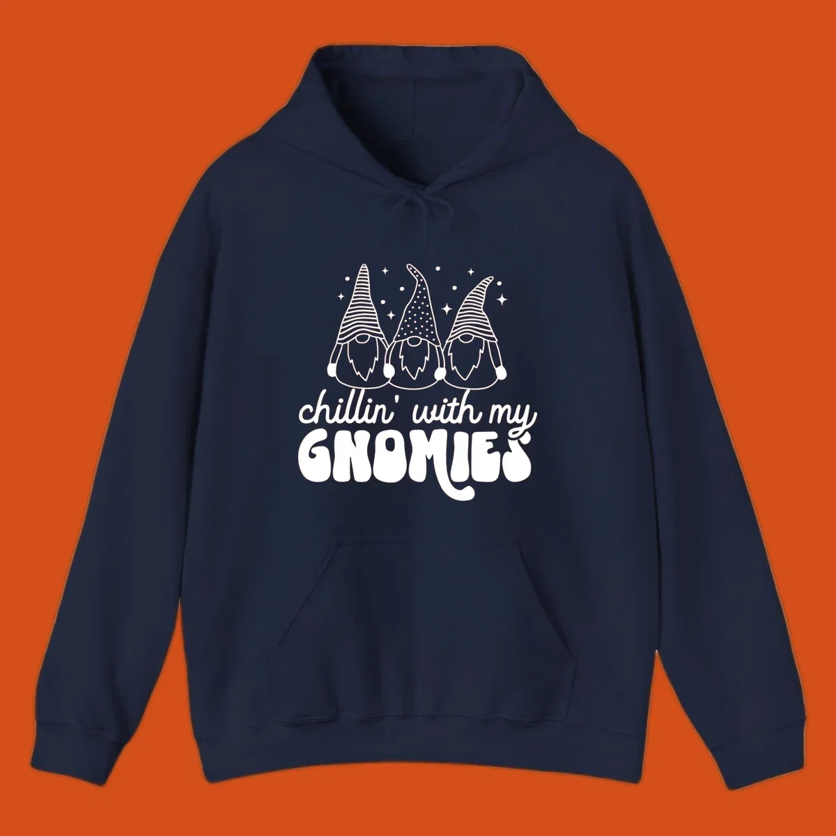 Chillin with my gnomies illustration featuring three gnomes and text. holiday gnome phrase.