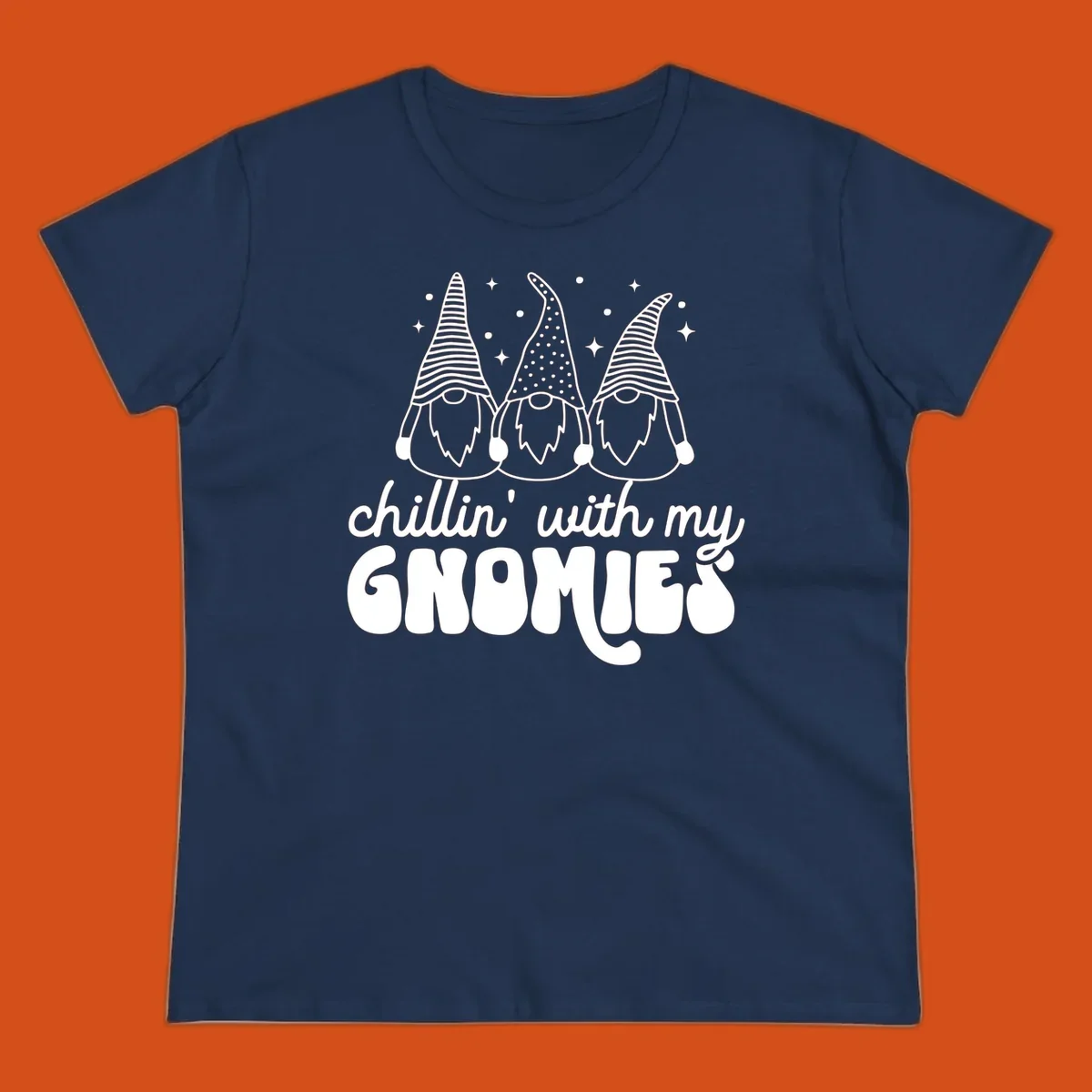 Chillin with my gnomies illustration featuring three gnomes and text. holiday gnome phrase.