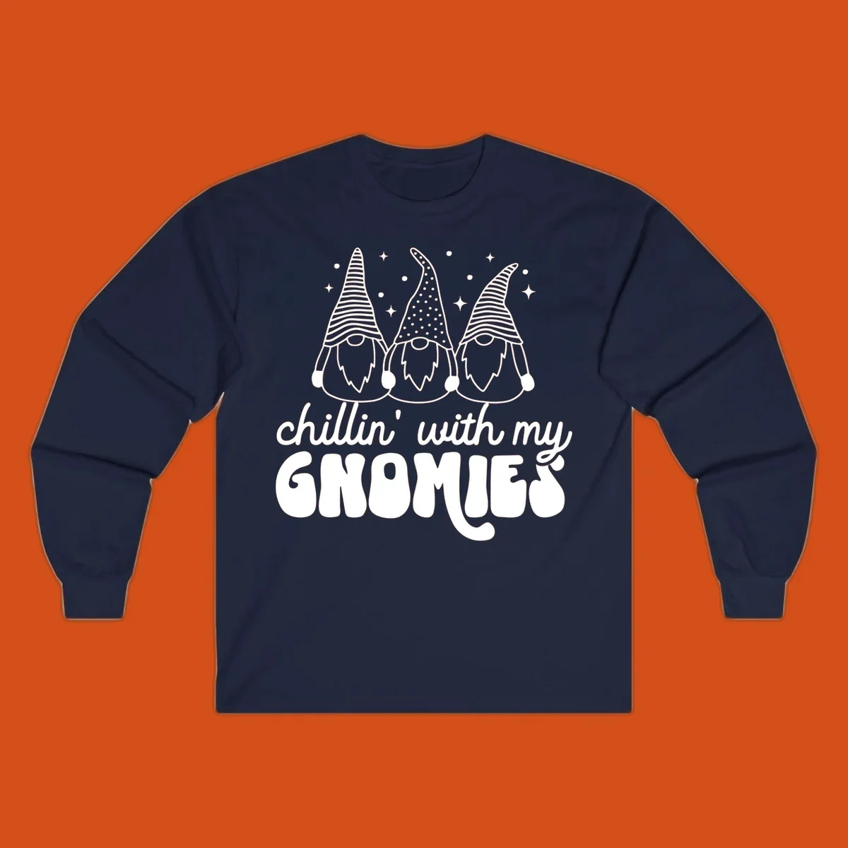 Chillin with my gnomies illustration featuring three gnomes and text. holiday gnome phrase.