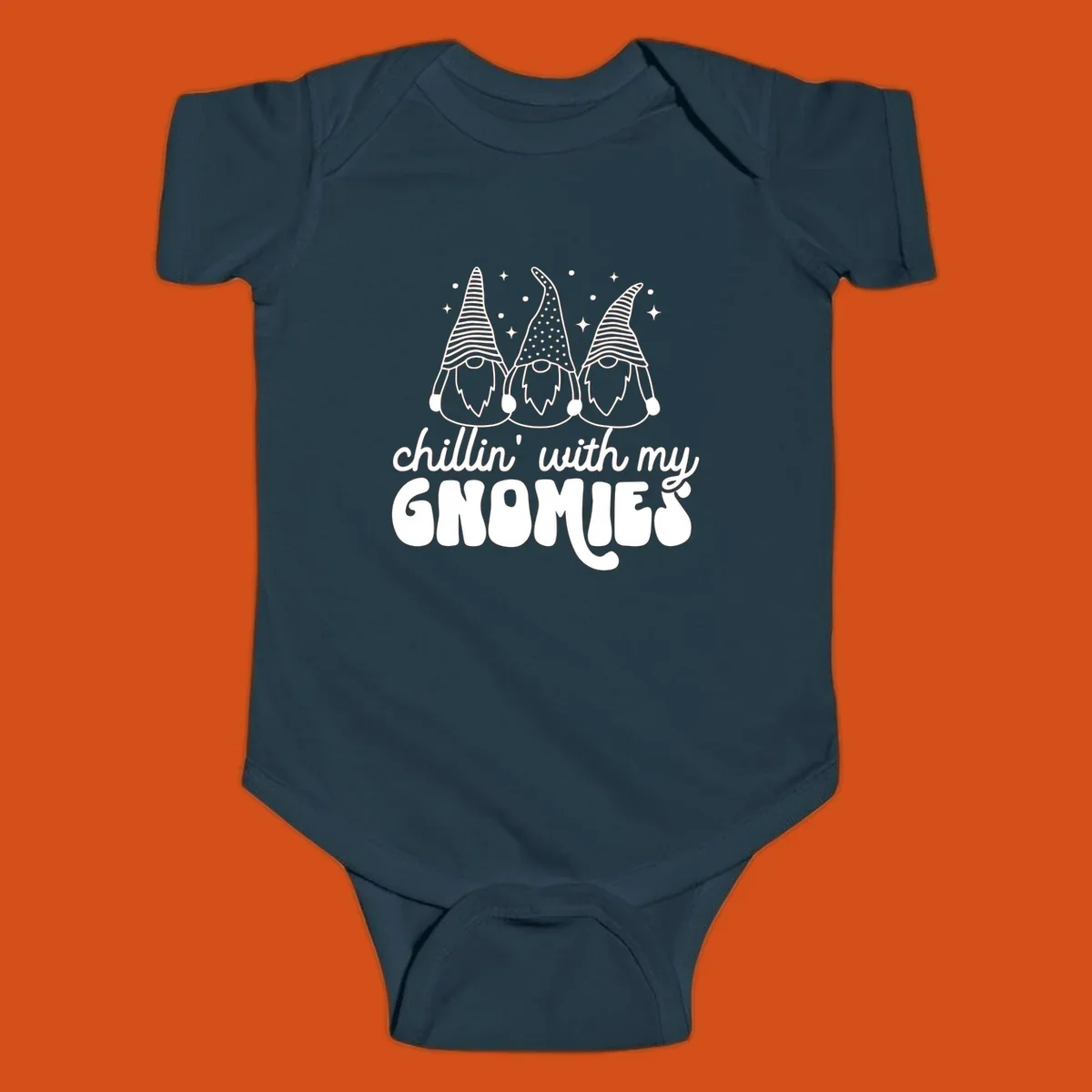 Chillin with my gnomies illustration featuring three gnomes and text. holiday gnome phrase.