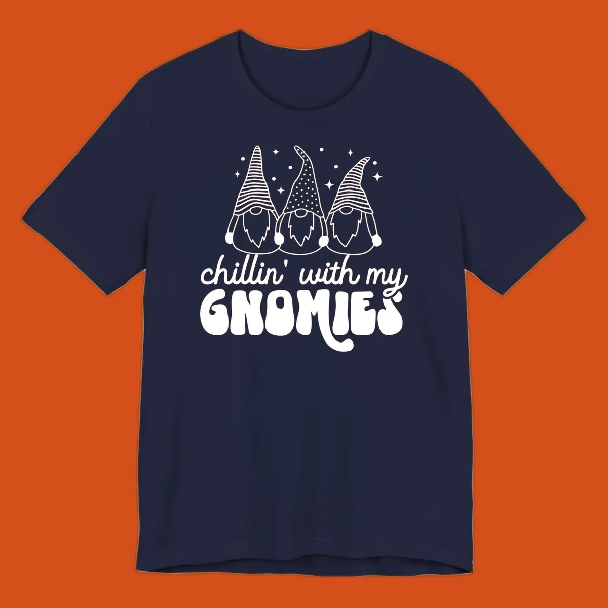 Chillin with my gnomies illustration featuring three gnomes and text. holiday gnome phrase.