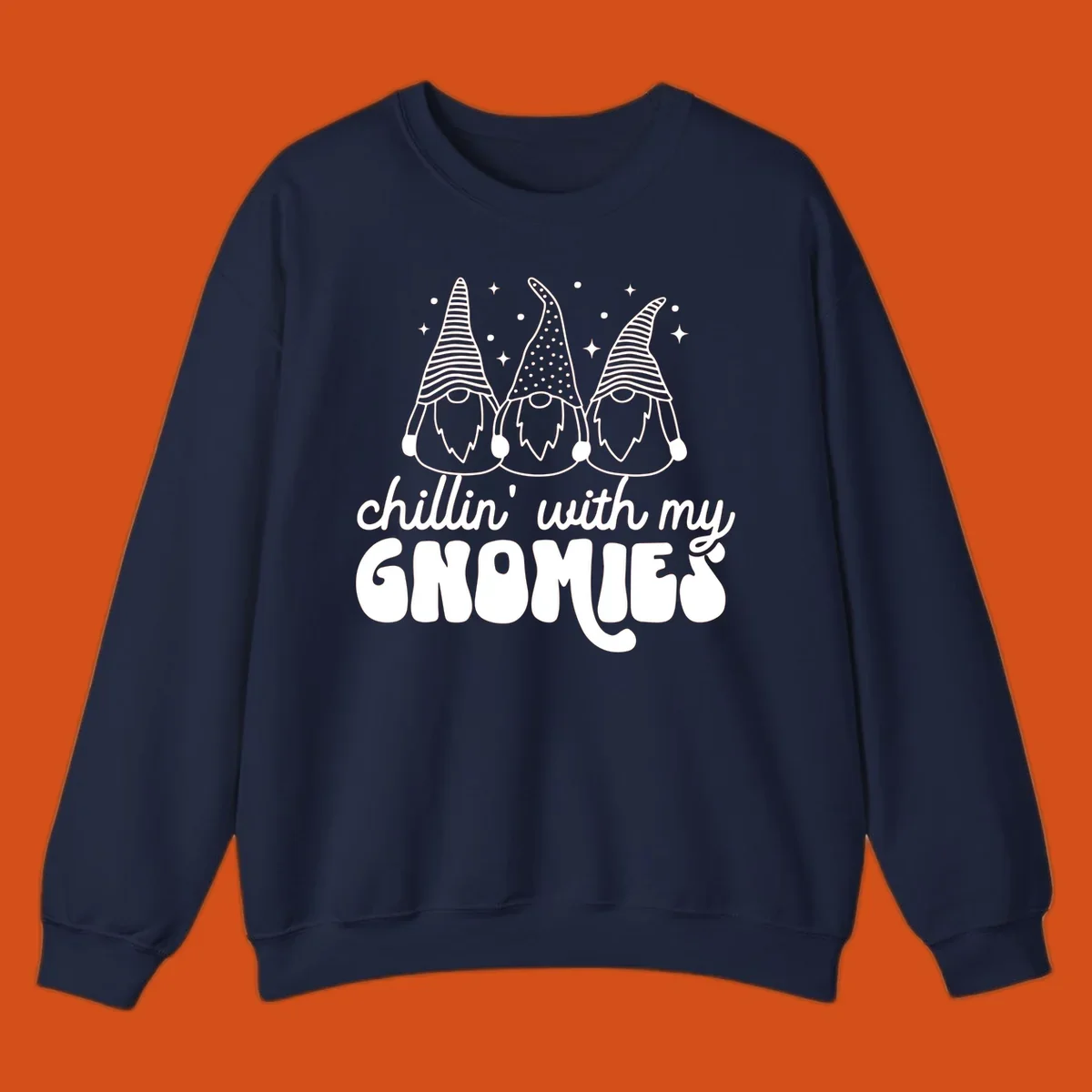 Chillin with my gnomies illustration featuring three gnomes and text. holiday gnome phrase.
