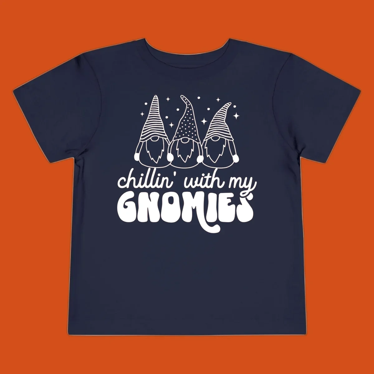 Chillin with my gnomies illustration featuring three gnomes and text. holiday gnome phrase.
