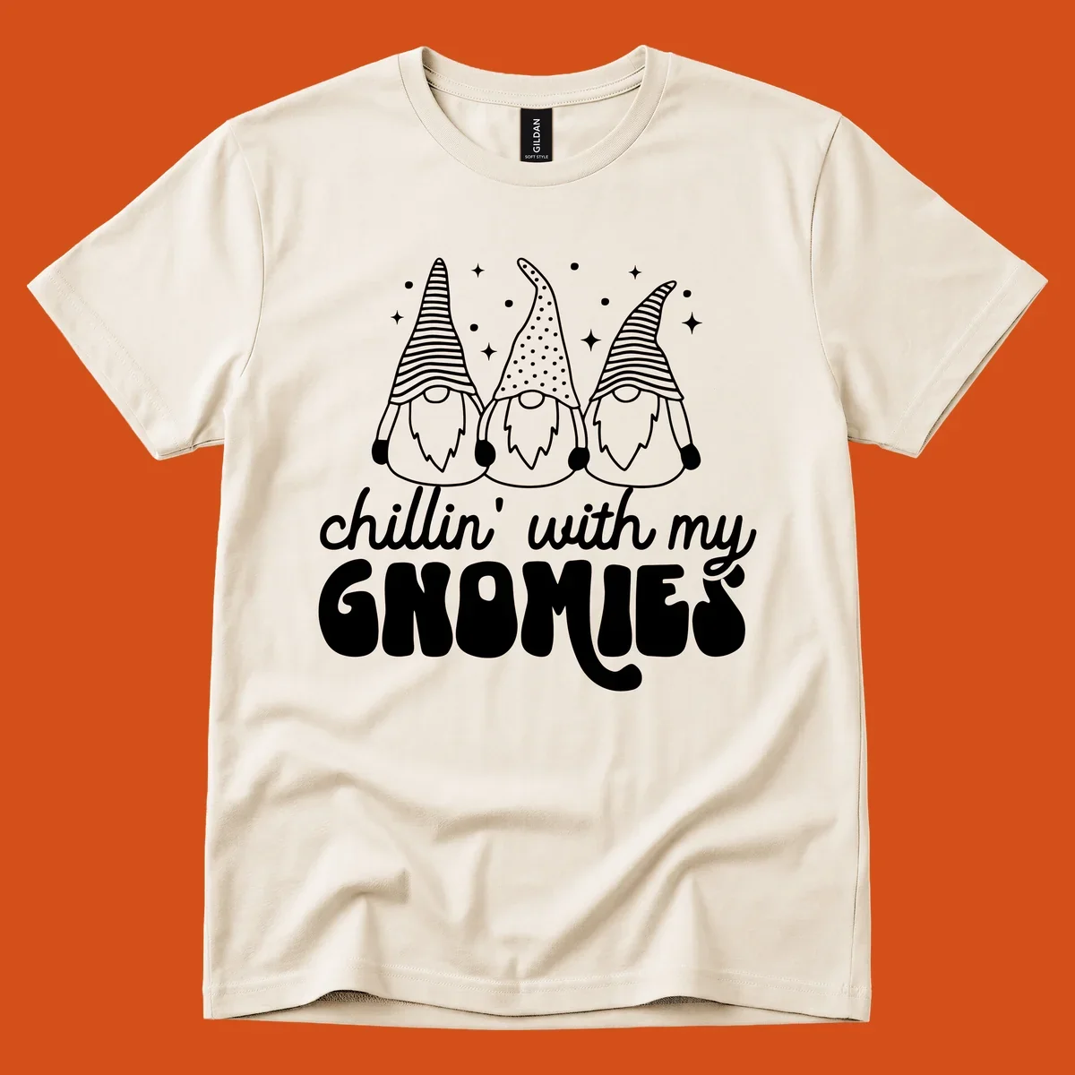 Chillin with my gnomies illustration featuring three gnomes and text. holiday gnome phrase.