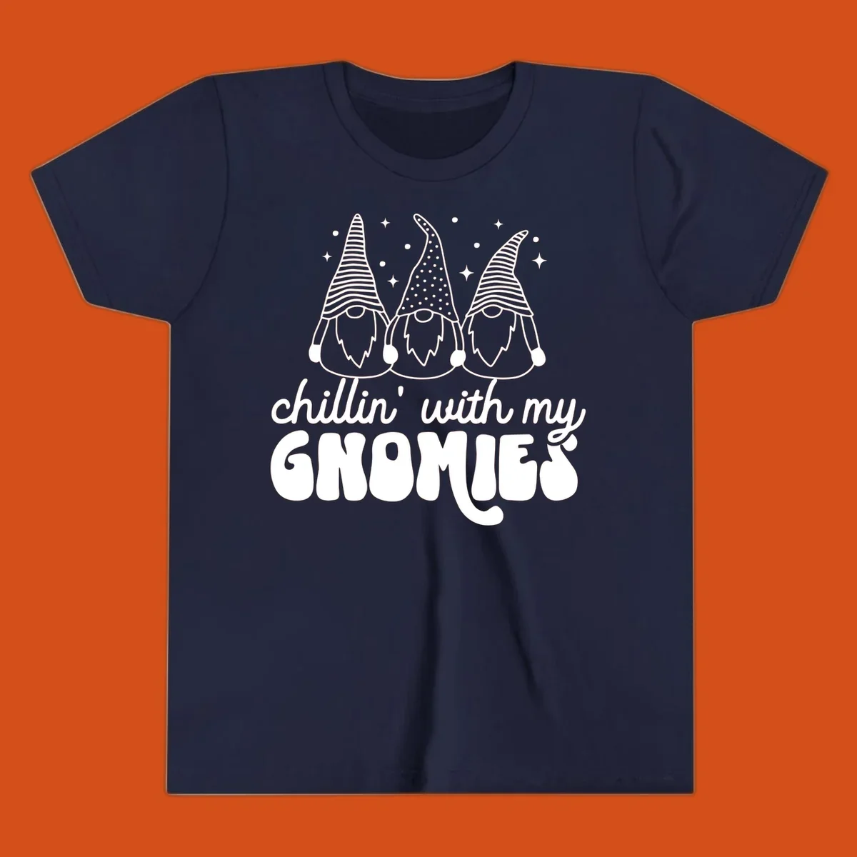 Chillin with my gnomies illustration featuring three gnomes and text. holiday gnome phrase.