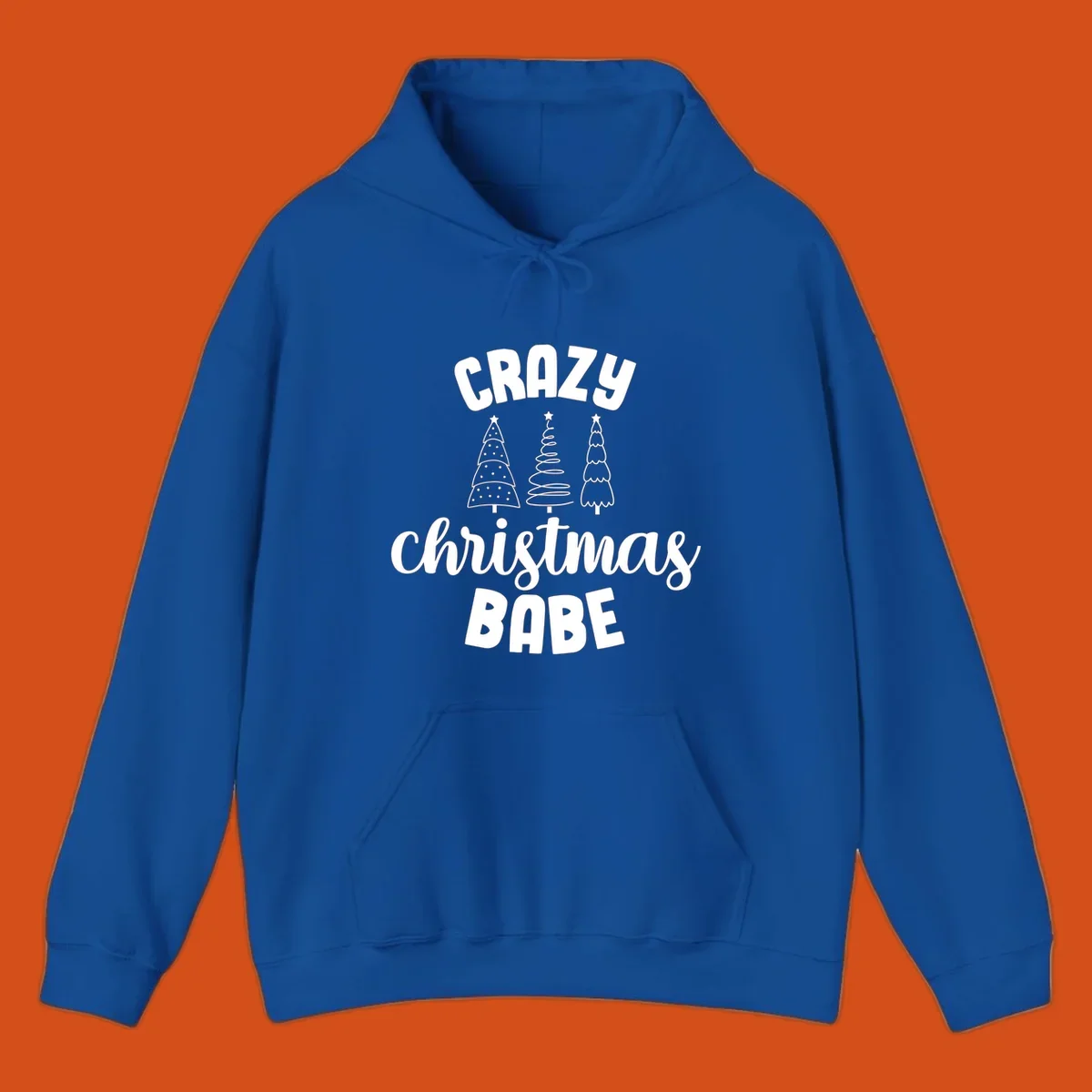 Crazy Christmas Babe text with three Christmas trees illustration.