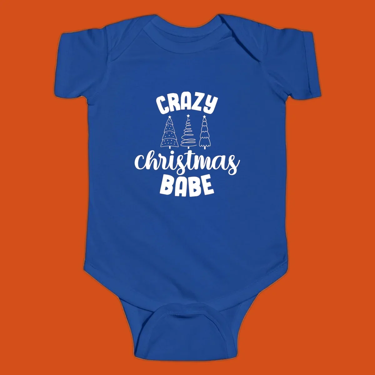Crazy Christmas Babe text with three Christmas trees illustration.