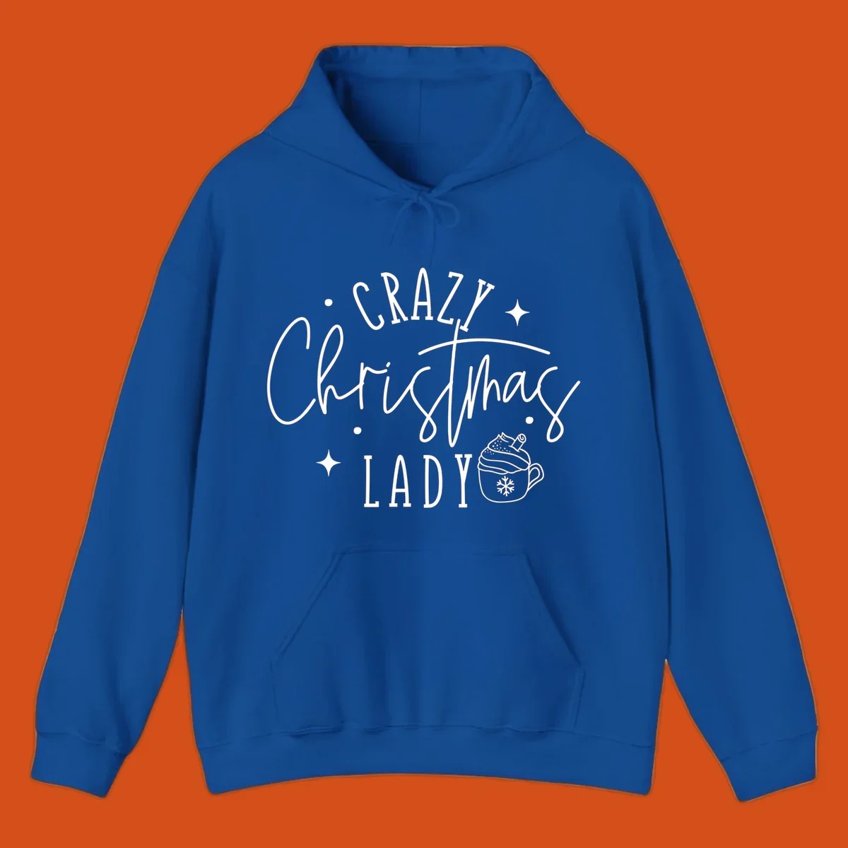 Crazy Christmas Lady text with a festive mug and stars design.