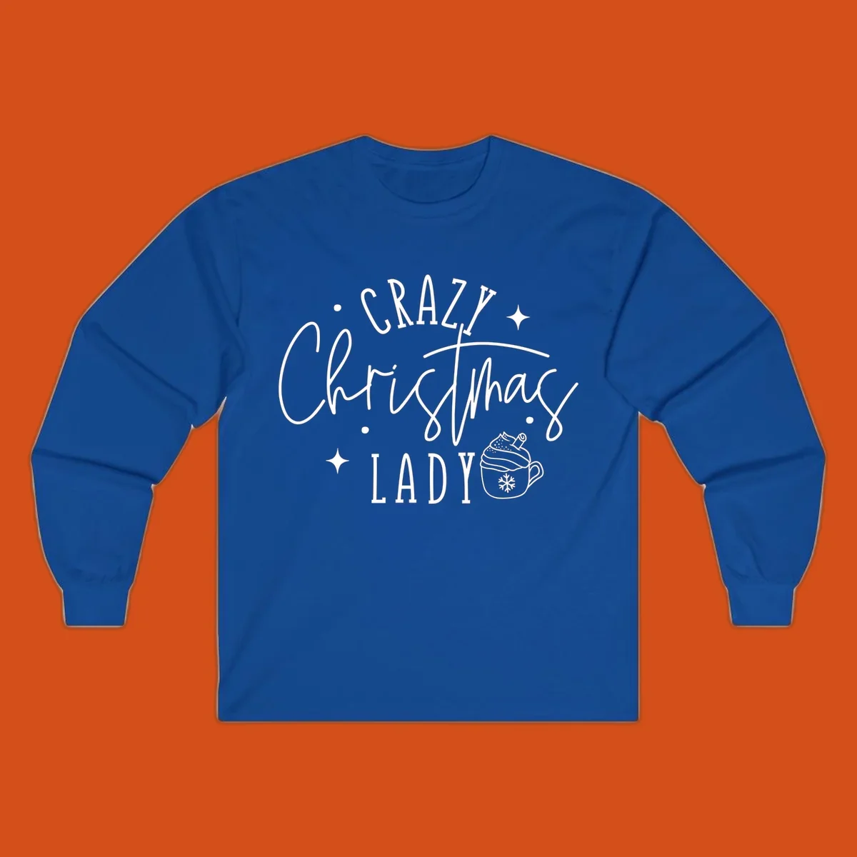 Crazy Christmas Lady text with a festive mug and stars design.