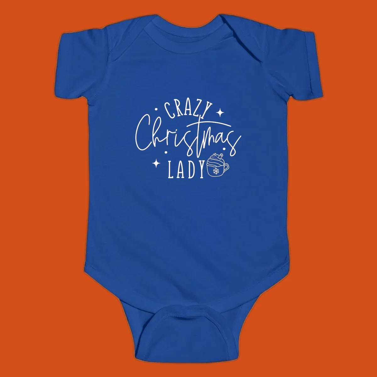 Crazy Christmas Lady text with a festive mug and stars design.