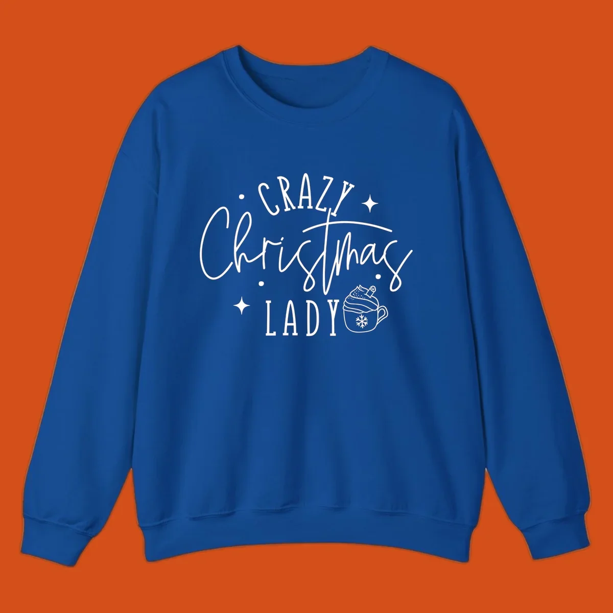 Crazy Christmas Lady text with a festive mug and stars design.
