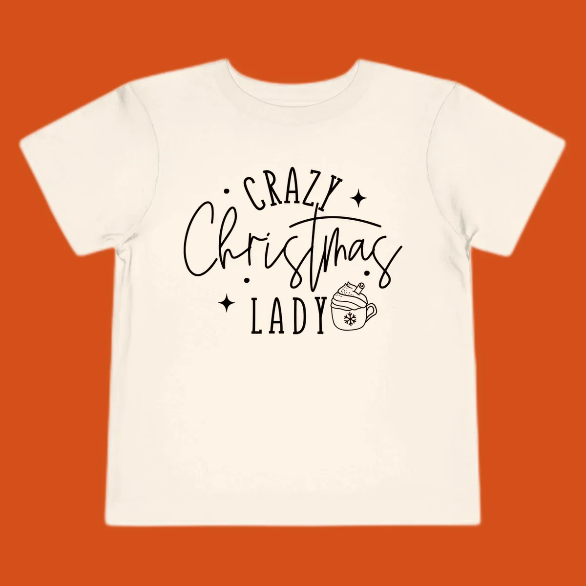 Crazy Christmas Lady text with a festive mug and stars design.