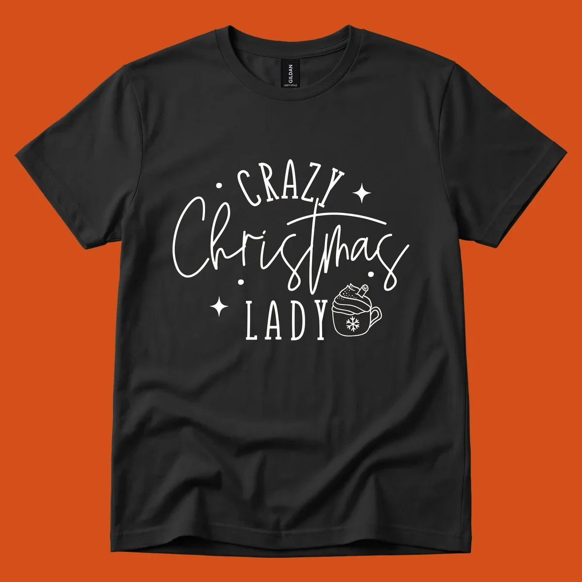 Crazy Christmas Lady text with a festive mug and stars design.