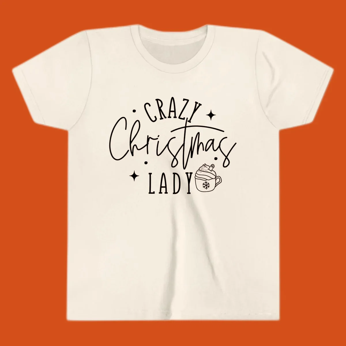 Crazy Christmas Lady text with a festive mug and stars design.