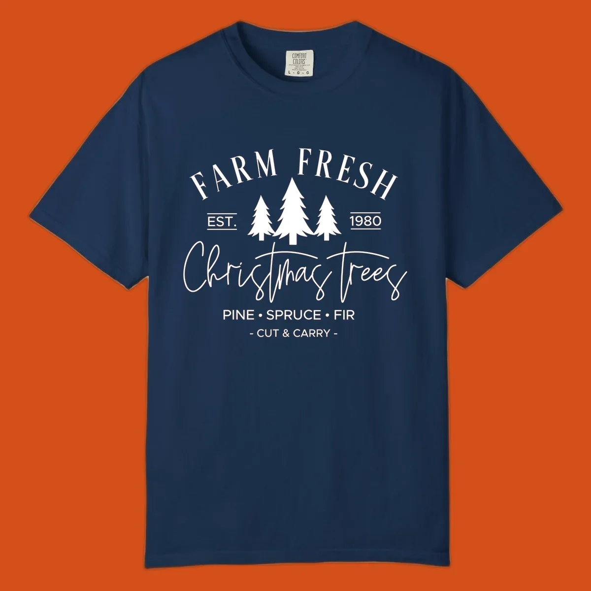 Farm fresh Christmas trees est 1980 design with pine, spruce, and fir listed.