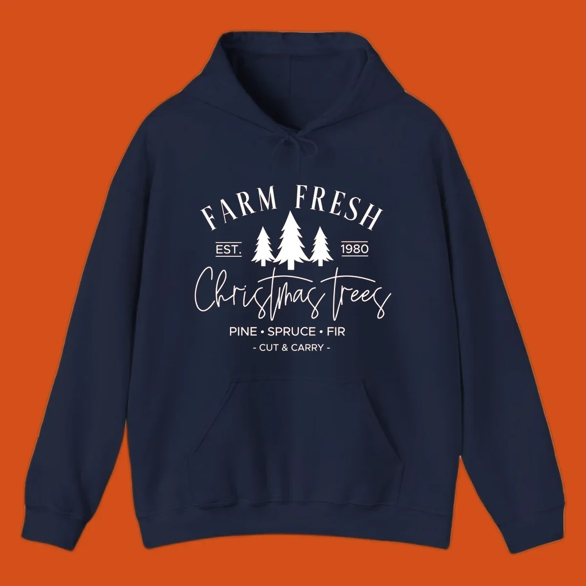 Farm fresh Christmas trees est 1980 design with pine, spruce, and fir listed.