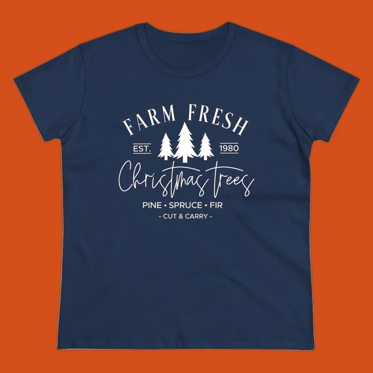 Farm fresh Christmas trees est 1980 design with pine, spruce, and fir listed.