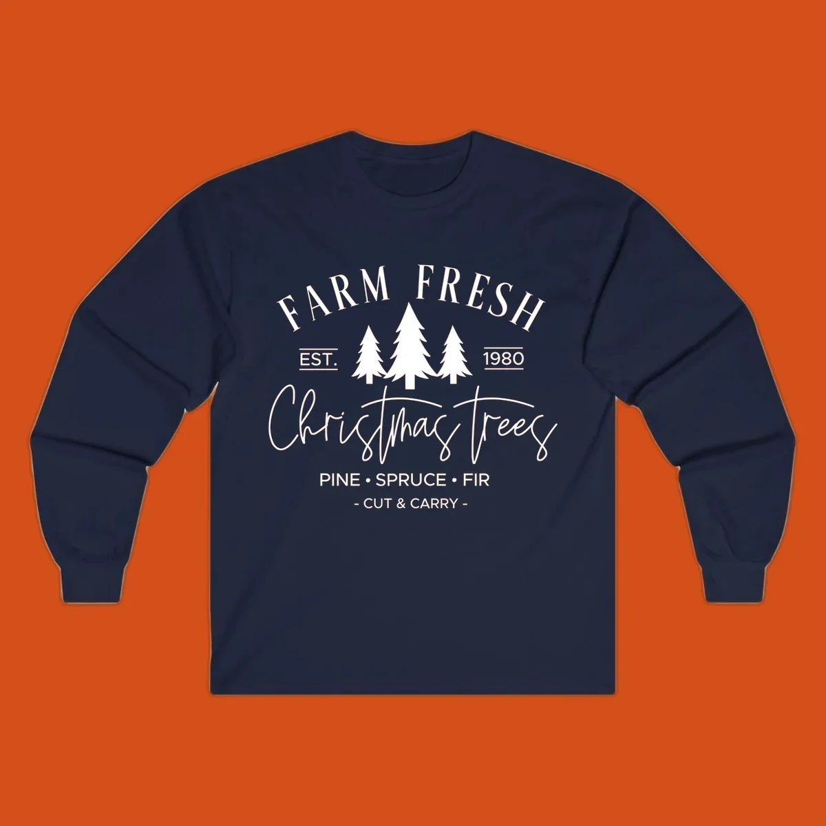 Farm fresh Christmas trees est 1980 design with pine, spruce, and fir listed.