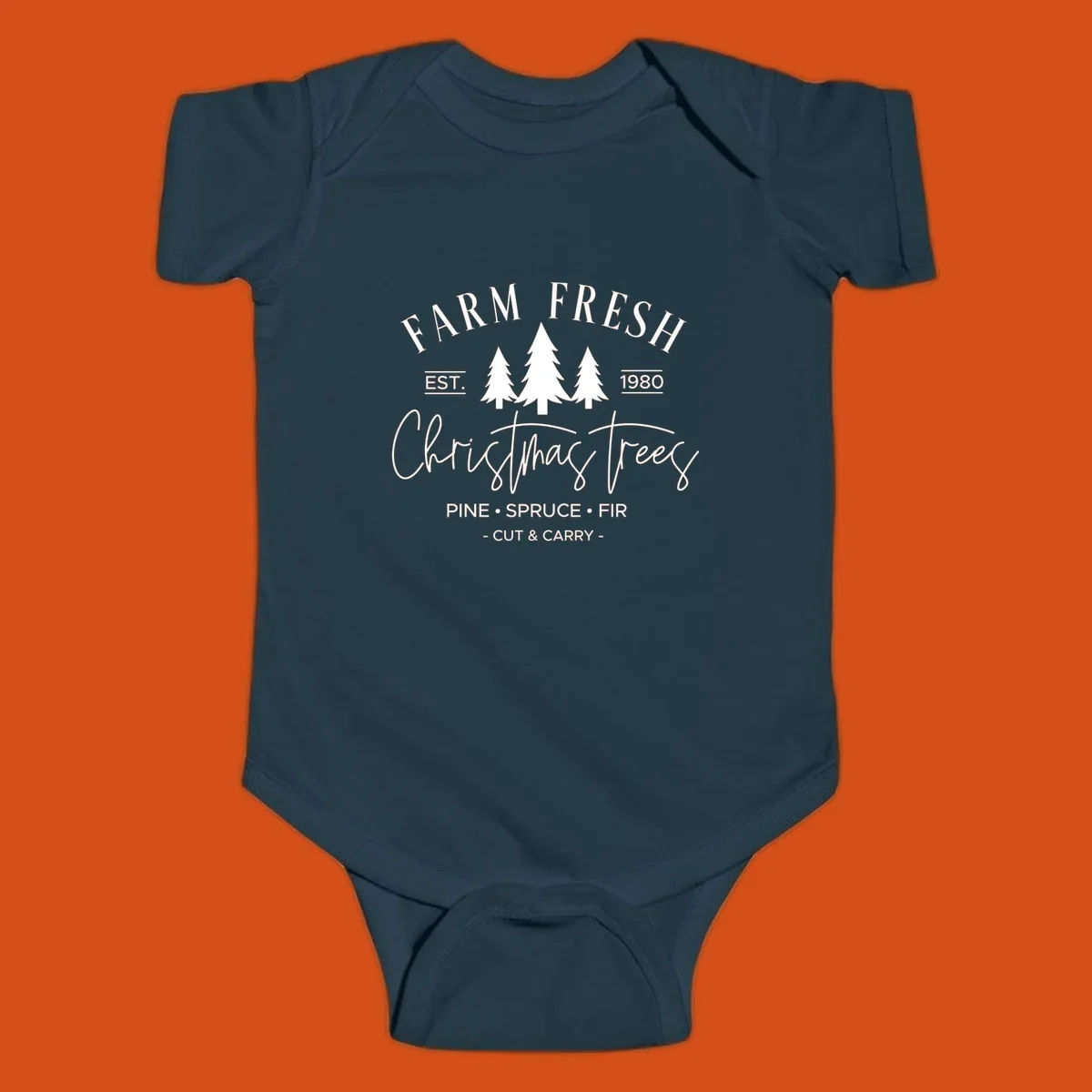 Farm fresh Christmas trees est 1980 design with pine, spruce, and fir listed.