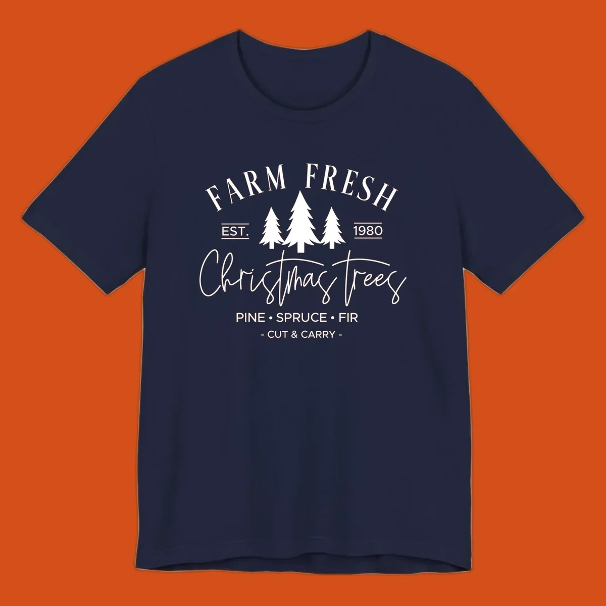 Farm fresh Christmas trees est 1980 design with pine, spruce, and fir listed.