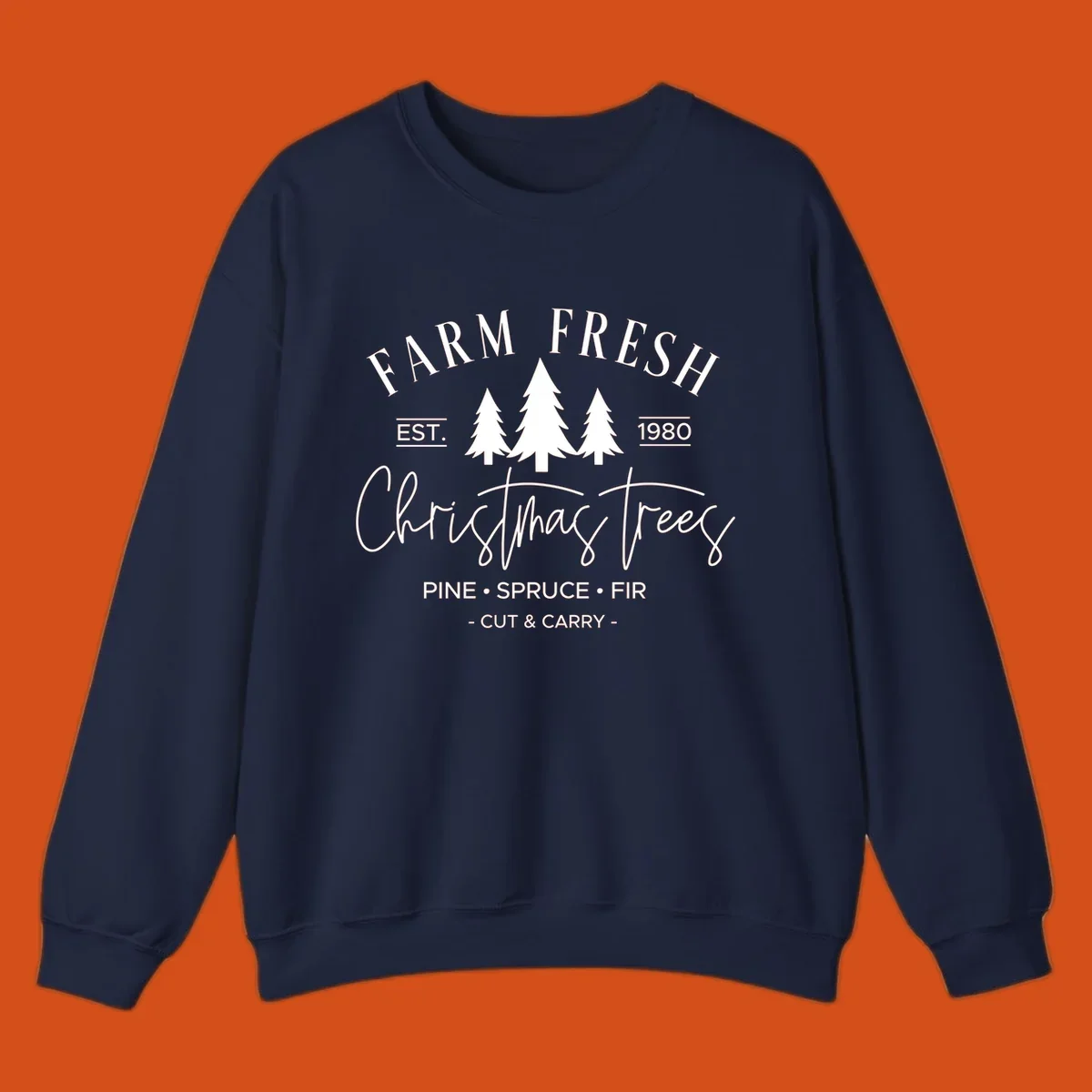 Farm fresh Christmas trees est 1980 design with pine, spruce, and fir listed.