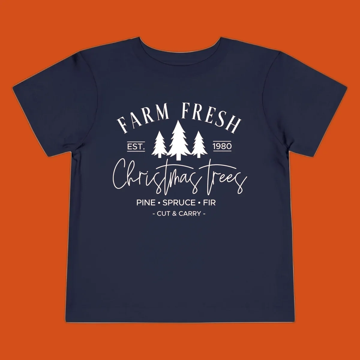 Farm fresh Christmas trees est 1980 design with pine, spruce, and fir listed.