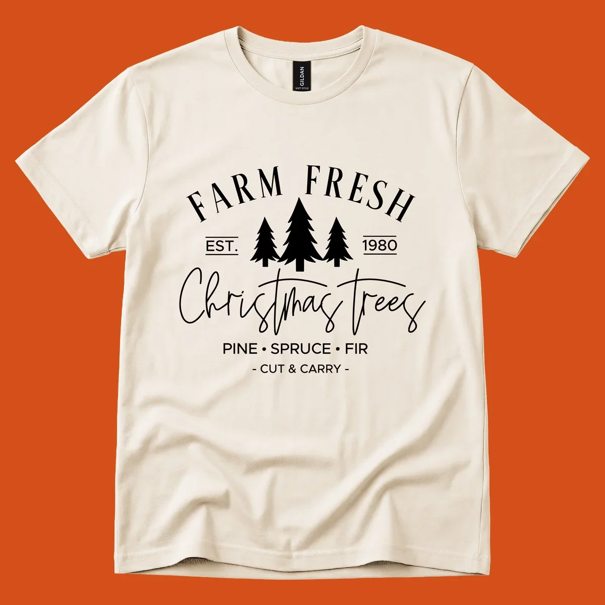 Farm fresh Christmas trees est 1980 design with pine, spruce, and fir listed.