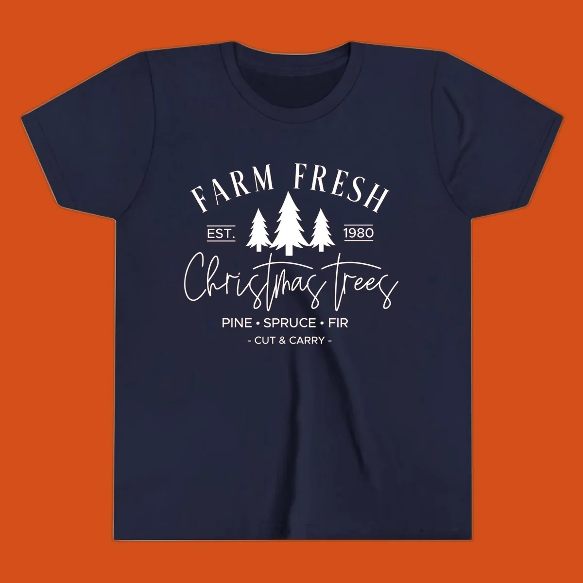 Farm fresh Christmas trees est 1980 design with pine, spruce, and fir listed.