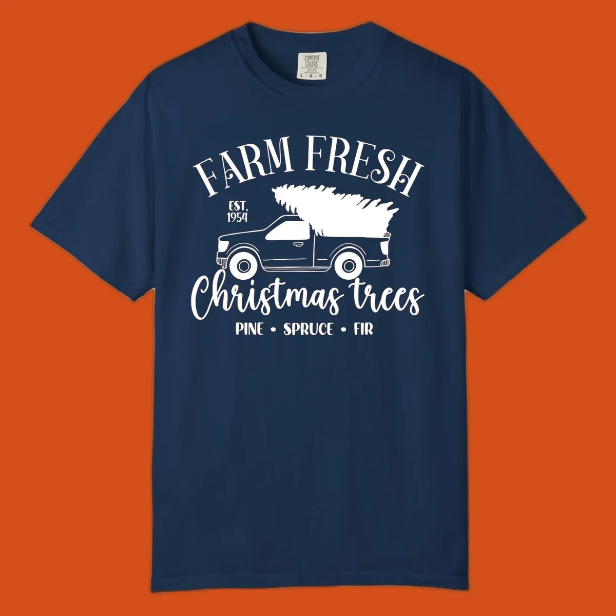 Farm fresh Christmas trees pickup truck with text and holiday elements.