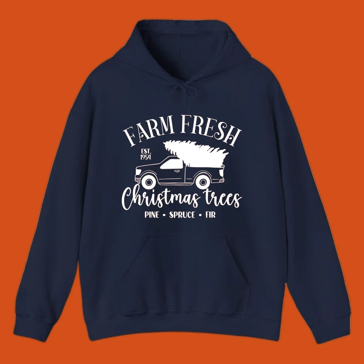 Farm fresh Christmas trees pickup truck with text and holiday elements.
