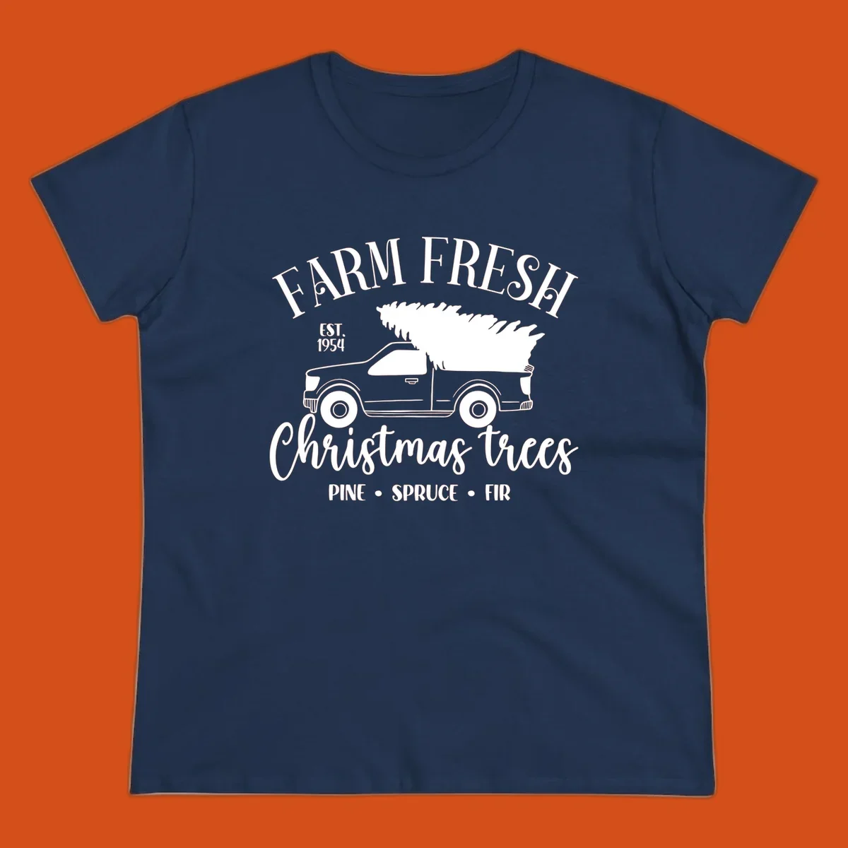 Farm fresh Christmas trees pickup truck with text and holiday elements.