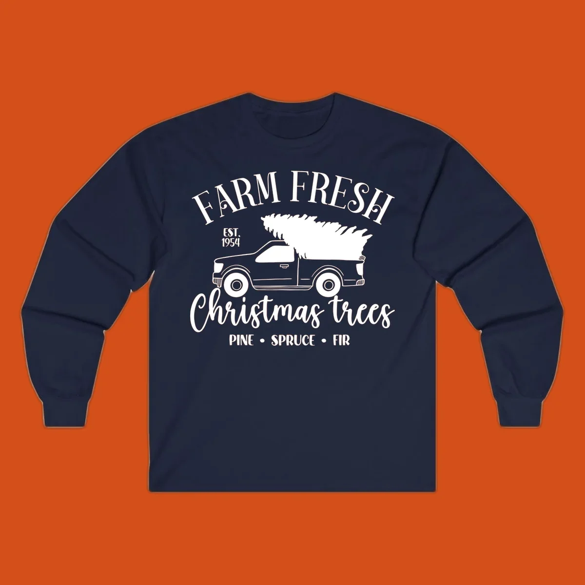 Farm fresh Christmas trees pickup truck with text and holiday elements.