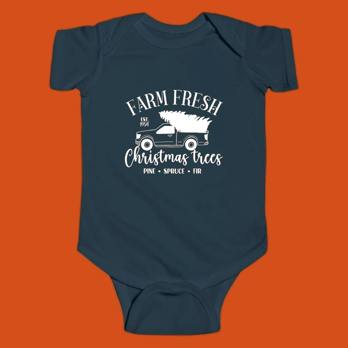 Farm fresh Christmas trees pickup truck with text and holiday elements.