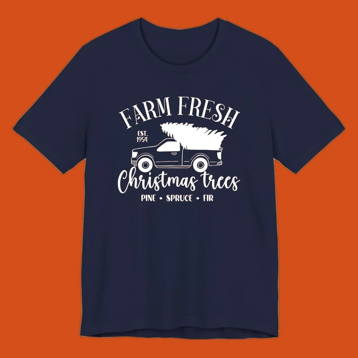 Farm fresh Christmas trees pickup truck with text and holiday elements.