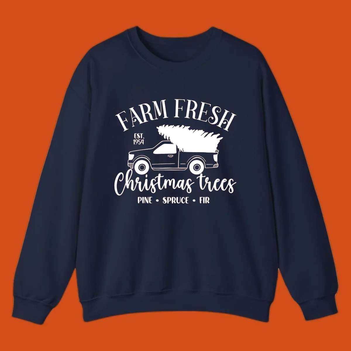 Farm fresh Christmas trees pickup truck with text and holiday elements.