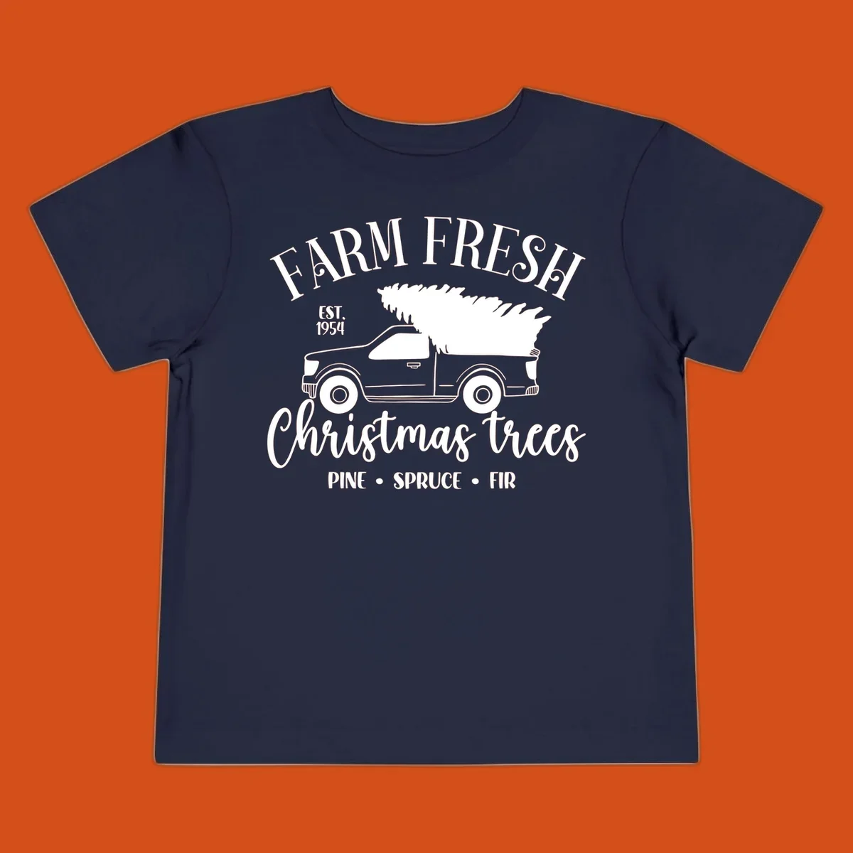 Farm fresh Christmas trees pickup truck with text and holiday elements.