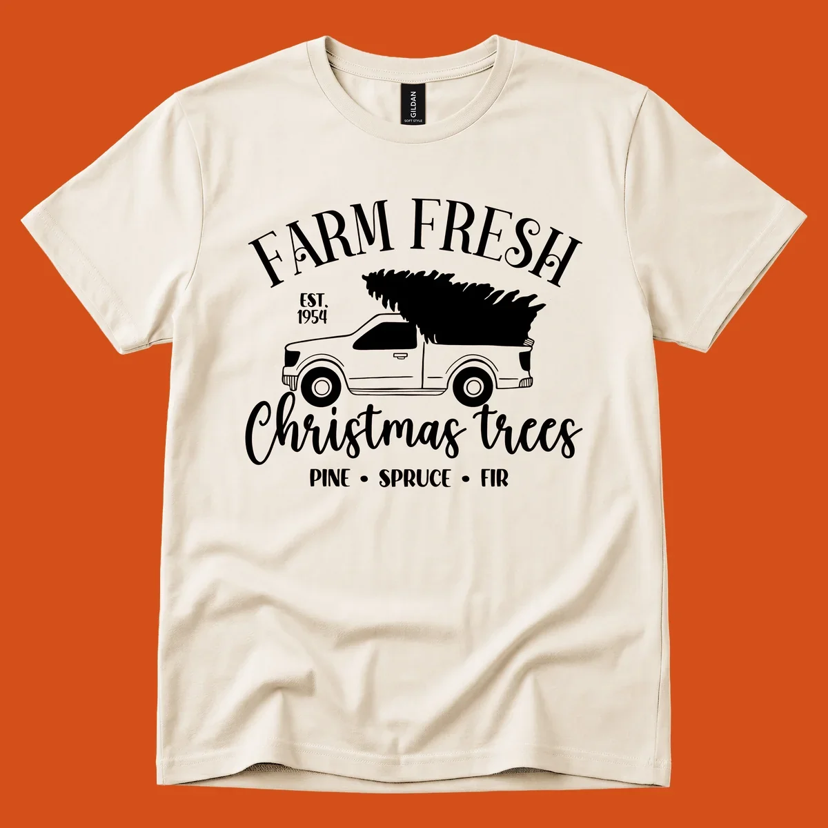 Farm fresh Christmas trees pickup truck with text and holiday elements.