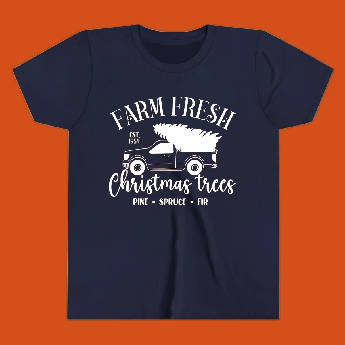 Farm fresh Christmas trees pickup truck with text and holiday elements.
